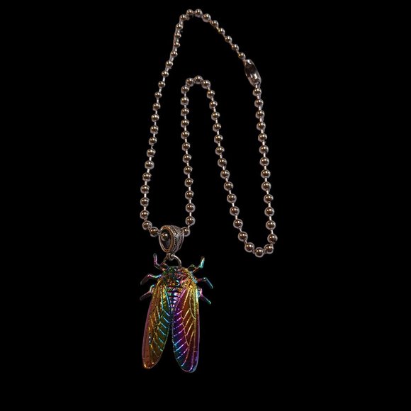 Handcrafted Rainbow Cicada Charm Necklace – Unisex 18" Ball Chain - Picture 4 of 10